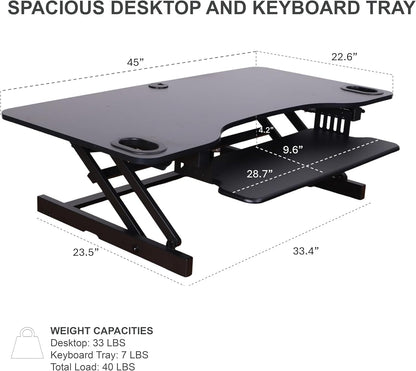 Rocelco 45" Height Adjustable Standing Desk Converter with Premium Dual Monitor Mount and Slide Out Retractable Keyboard Tray - Sit Stand Up Triple Screen Tabletop Riser - Black (R ADRB-45-MA2)