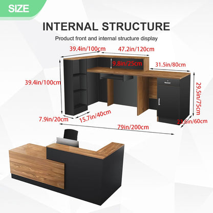 Modern Reception Desk with Counter and Drawer Office Front Desk with Cabinet Wooden Commercial Reception Table Checkout Counter for Retail Salon Lobby Black and Wood Left 79inch/200cm