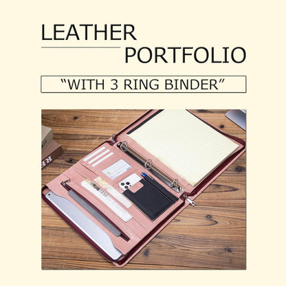 Personalized Leather Portfolio with 3 Ring Binder, Vegan Leather Padfolio Zippered, A4 Notebook Holder Customized Business Folder Organizer Gift for Women, Pink