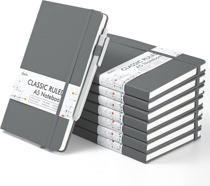 feela 8 Pack Journal Notebook Bulk for School, Hardcover Business Notebooks Classic Ruled Lined Journals with Pen Holder for Work Note Taking, with 8 Black Pens, 120 GSM, 5.1”x8.3”, A5, Gray
