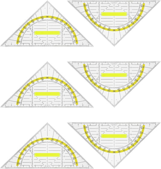 6PCS Triangle Ruler with Handle, Transparent Plastic Protractor Geometry Math Ruler Measuring Tool for Students Office Designers Painting Drafting