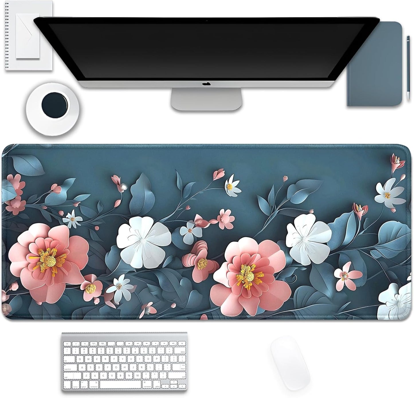 Blue Art Flowers Mouse Pad,Extended Abstract Floral Mousepad Desk Pad with Stitched Edges,Non-Slip Waterproof Rubber Base Mouse Mat for Office Computer Keyboard Laptop Home(27.5x11.8 in)