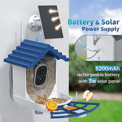 Smart Bird Feeder with Camera Solar Powered & AI Bi rd Identification, 2.4Ghz WiFi Bird feeders for Outdoors, 2K Live Video, Nstant Arrival Alerts - Gifts for Women