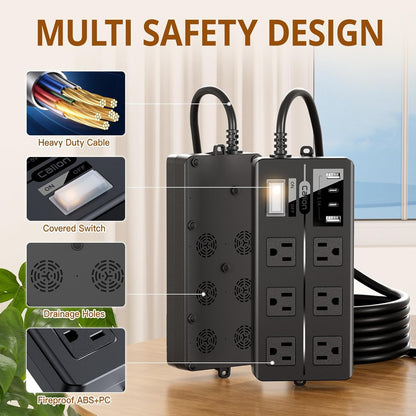 Outdoor Power Strip Weatherproof,Patio Waterproof Surge Protector with 4 USB Ports and 6 Outlets, 10 FT Extension Cord with Flat Plug,Shockproof Overload Protection,Mountable for Home Office Porch