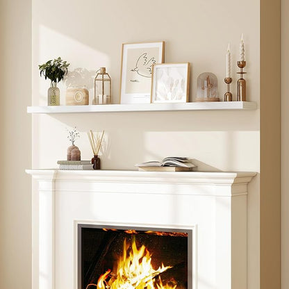 Fun Memories 66 Inch Fireplace Mantel Shelf with Invisible Bracket, 8 Inch Deep Floating Shelf for Living Room, Kitchen, Farmhouse, White