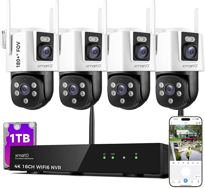 xmartO [2-in-1 CAMs 8-View WiFi 6 Mesh PTZ Security Camera System Outdoor Wireless, 4X Dual-Lens CAM, 16CH 4K Long Range WiFi6 Surveillance NVR Kit, 4MP PTZ Home CCTV Set w. 1TB HDD, No Monthly Fee