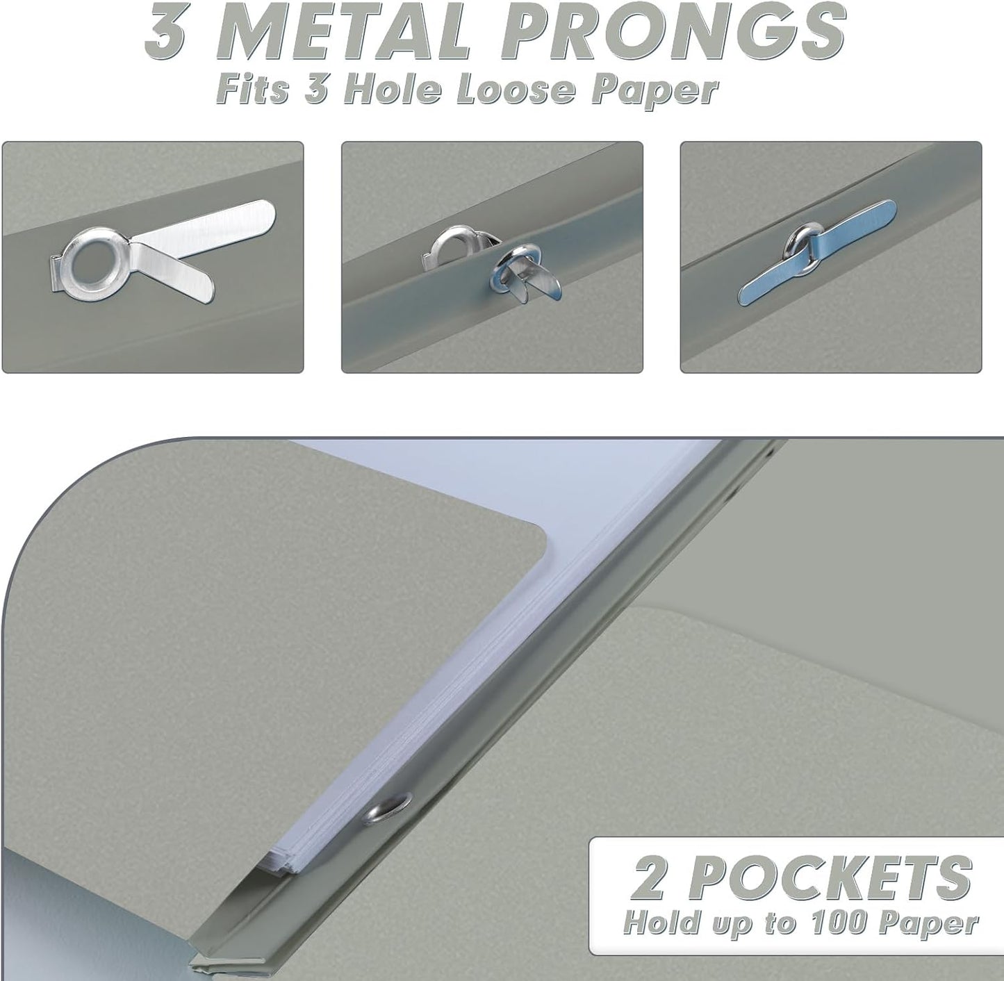 Two Pocket Folders, PANDRI 30 Pack Two Pocket Folders with Prongs, 3 Prong Folders Designed for Office and Classroom, Letter Size Grey