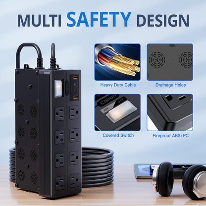 Outdoor Power Strip Weatherproof,Waterproof Surge Protector with 8 Wide Outlet with 2 USB-A and 2 USB-C, 10FT Extension Cord,1875W Overload Protection,Outlet Extender for Patio,Outdoor Decorations