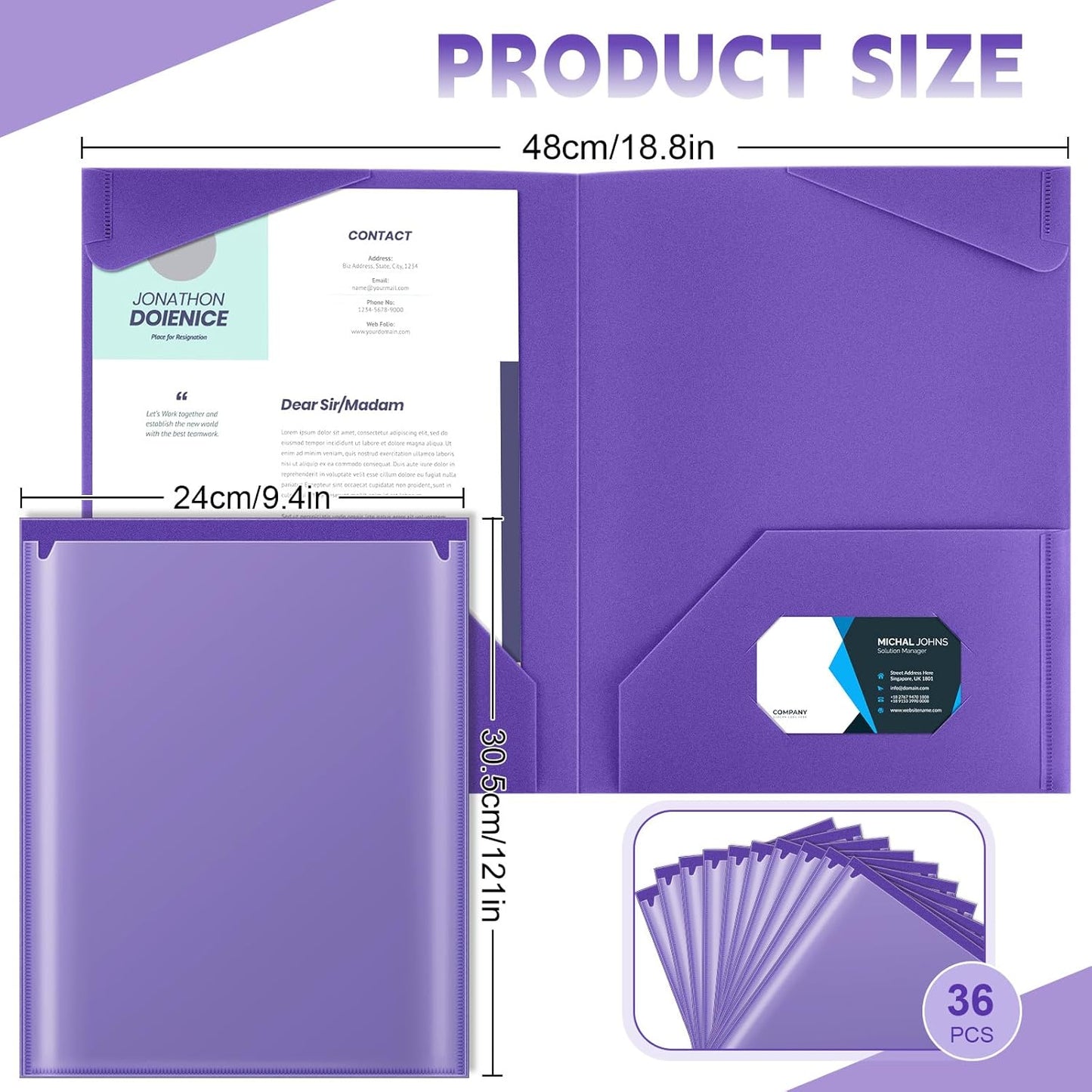 Henoyso 36 Pcs Plastic Folders with Clear Front Pockets Heavy Duty File Folders with 2 Pockets and Card Slot for Student Communication School Office Presentation Report (Purple)