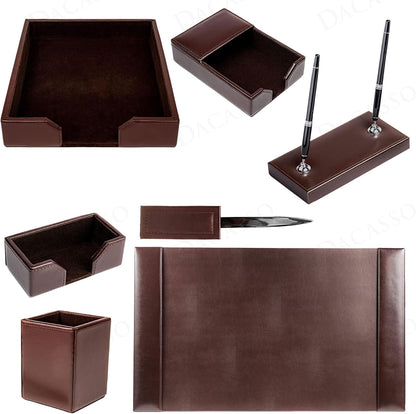 Dacasso Dark Brown Bonded Leather Luxury 7-Piece Desk Set - Blotter Pad & Desk Organization Essentials - Executive Decor and Surface Protector