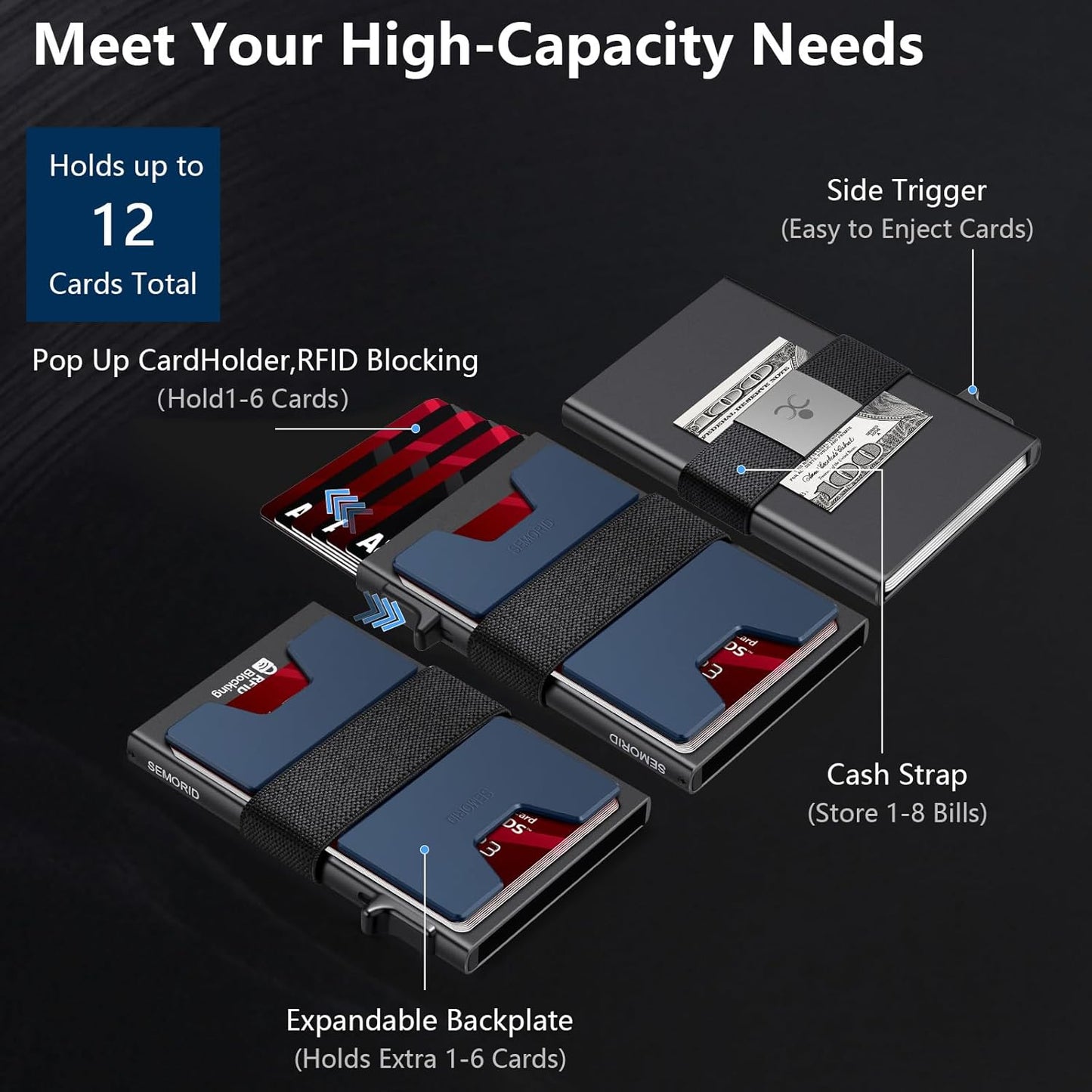 Slim Aluminum Card Holder Wallet for Men, Durable Expandable Backplate, RFID Blocking Minimalist Metal Pop Up Wallet, Holds 12+ Cards Plus Cash