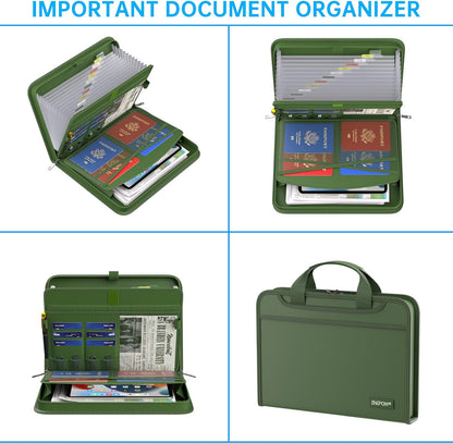 ENGPOW Accordion File Organizer,Fireproof Expanding File Folder with Multi Pockets,13 Pockets Document Organizer with Handle & Labels,Portable Home Travel Safe Storage for Letter A4 Files,Green