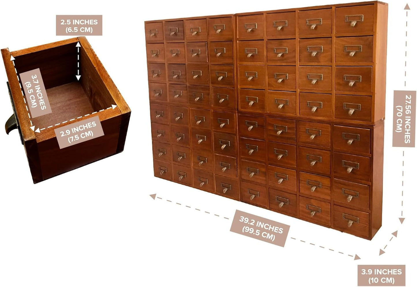 Huge 64-Drawer Wooden Storage Box Traditional Apothecary Curio Cabinet in Vintage Wood - Card Catalog Library Desk Drawer w/Label Holders Handles - Multi Level Countertop Arts and Craft Organizer