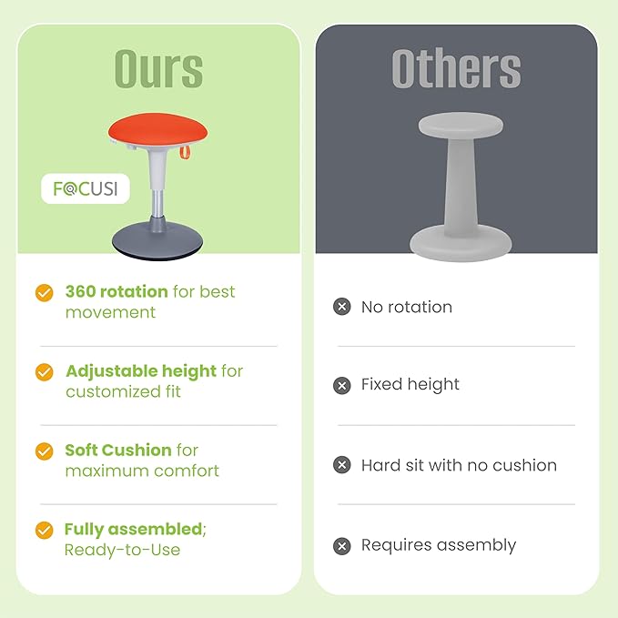 Wobble Stool for Kids Ages 7–12; Adjustable Height Wobble Stools for Classroom Seating with Soft Cushion; Flexible Wiggle Chair for Focus and ADHD Support + Bonus Visual Timer (Sunny Orange)