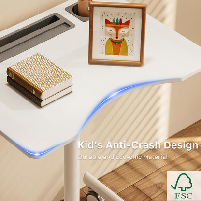 Mobile Standing Desk, 28 inch Rolling Standing Laptop Desk with Cup Holder, Mobile Desk Workstation with Wheels, Portable Computer Desk Cart with Hook for Home Office, White