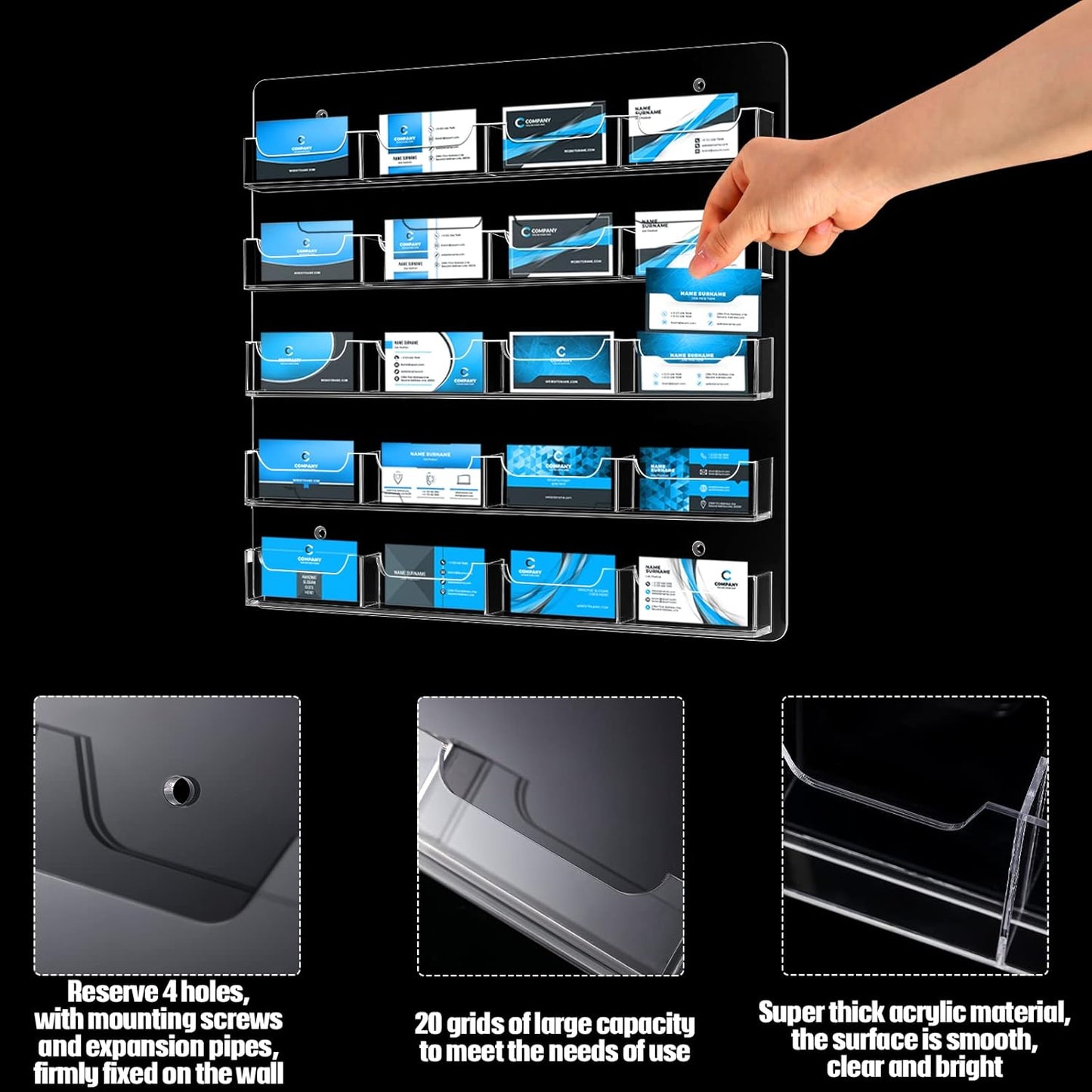 Hillban Acrylic Business Card Holder Wall Mount Clear Sticker Display Rack Multiple Card Holders Clear Acrylic Organizing Sticker Display Stand Pre Drilled(20 Pockets)