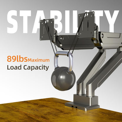 Claiks Dual Monitor Mount for Max 35 inch Screens Stand up to Max 89 lbs, Ergonomic Gas Spring Heavy-Duty Adjustable Monitor Arm, with Clamp and Grommet Base, VESA Mounting Holes 75&100mm, Black