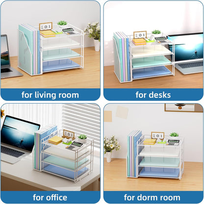 Marbrasse Desk Organizer and Accessories，4-Tier Paper Letter Tray Organizer with File Holder，Desk Accessories & Workspace Desktop Organizers for School Home Office Supplies (White)