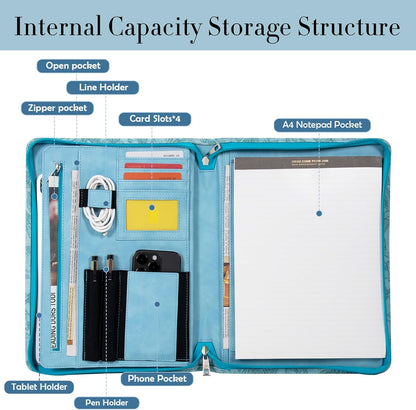 Padfolio with Zipper, Portfolio Binder, Leather Portfolio with Zipper for Men Women, Portfolio Organizer, Padfolio Business Resume A4/Pad, Blue Floral Pattern