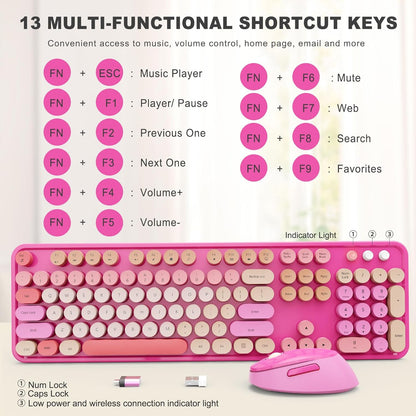 Wireless Keyboard and Mouse Combo, Ergonomic Full Size Typewriter Retro Round Keycaps Keyboard, Compatible with Windows, PC, Perfer for Home and Office Keyboards （Red）