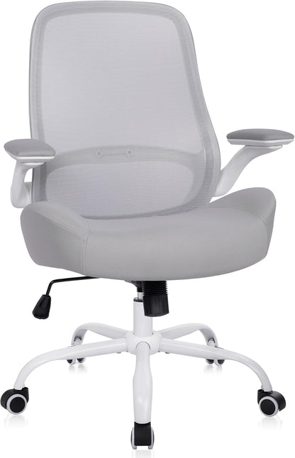 HYLONE Heavy Duty Office Chair, 5" Thickened Seat Ergonomic Desk Chair with Adjustable Armrests, Home Office Computer Chairs for Long Hours Mesh Executive Chair(White Base & Grey)