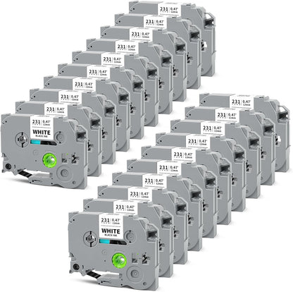 20-Pack Tze Tz Tape 12mm 0.47" Laminated White Compatible for Brother Tze-231 Label Maker Tape P Touch Label Tape 12mm 1/2" White for PT-D220 PT-D210 PT-D200 PT-2430 PT-D610BT PT-D400 PTD600