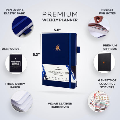 Clever Fox Planner Premium Edition – Undated Luxurious Weekly & Monthly Planner to Increase Productivity and Hit Your Goals – Organizer – Start Anytime, A5, Lasts 1 Year, Navy Blue (Weekly)