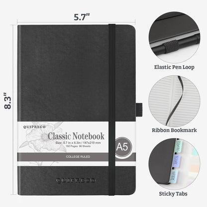 Lined Hardcover Journal Notebook, A5 192 Pages 100Gsm Thick Paper College Ruled for School,Note Taking,Work,Diary，5.7''*8.3'',Black