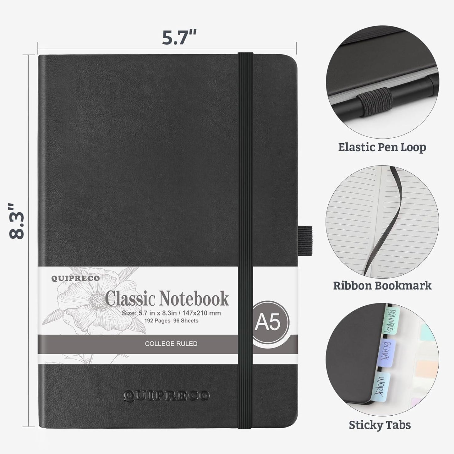 2Pack Lined Hardcover Journal Notebook, A5 192 Pages 100Gsm Thick Paper College Ruled for School,Note Taking,Work,Diary，5.7"*8.3",Black