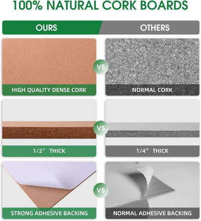 4 Pack Cork Bulletin Board 17"x8" - 1/2" Thick Cork Board Tiles,Self-Adhesive Frameless Cork Tiles Wall Decor for DIY, Office, School and Home Decor