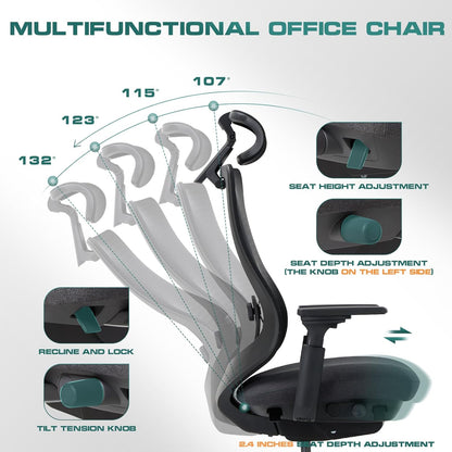 COLAMY Ergonomic Mesh Office Chair,High Back Computer Executive Desk Chair,Lumbar Support with Adjustable Headrest and 4D Arms, Slide Seat, Tilt Lock-Black