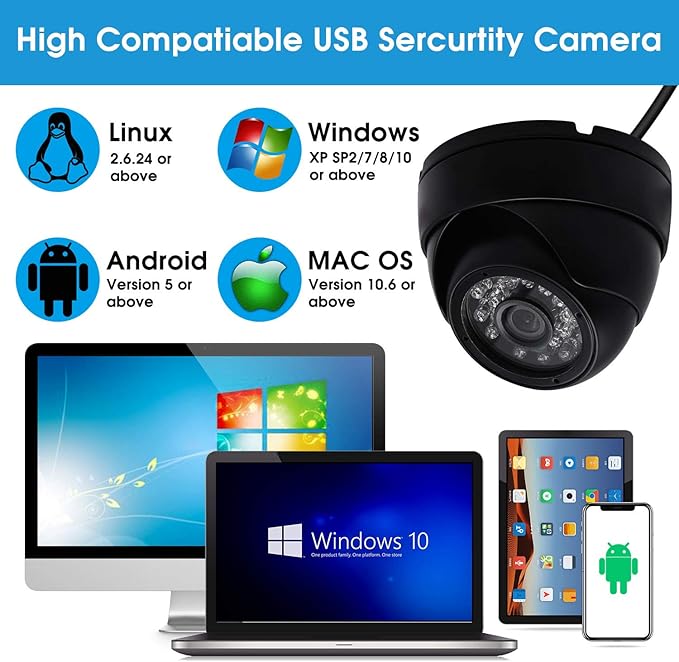 SVPRO Outdoor USB Camera 1080P Full HD Waterproof Night Vision Camera with Infrared LEDs,USB Security Camera for Home Surveillance System 30/60/120fps OV2710 Dome Camera with IR-Cut&Metal Housing