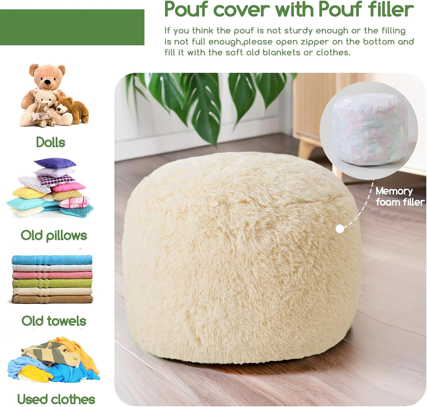 HIGOGOGO Round Stuffed Pouf Ottoman, Long Faux Fur Poufs with Foam Chunk Filling, Fluffy and Furry Pouf Foot Stool Storage Ottoman, 20 X 15 Floor Poufs Foot Rest for Living Room, Beige