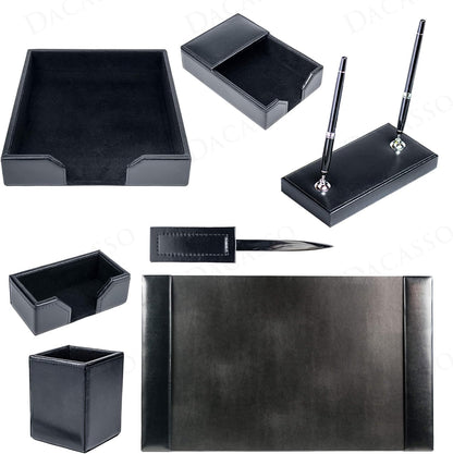 Dacasso Black Bonded Leather Luxury 7 Piece Desk Set - Blotter Pad & Desk Mat Organization Essentials - Executive Decor and Surface Protector