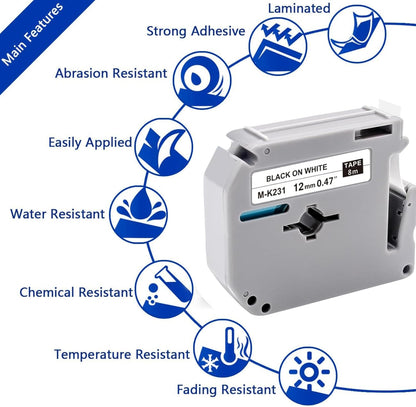 8-Pack MK231 M-K231 Label Tape Replace for Brother P Touch M Tape M-K231S M231 MK231 M-231 12mm 0.47 Inch for Brother PTouch PT-M95 PT-65 PT-80 PT-70 PT-45 PT-90 Label Makers