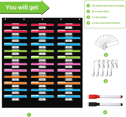 REGELETO 36 Pockets File Storage Pocket Chart with 36 Nametag Pockets, Hanging Wall File Organizer for Classroom and Office, Organize Your Assignments, Files, Scrapbooks, Paper (Black-36 Pockets)