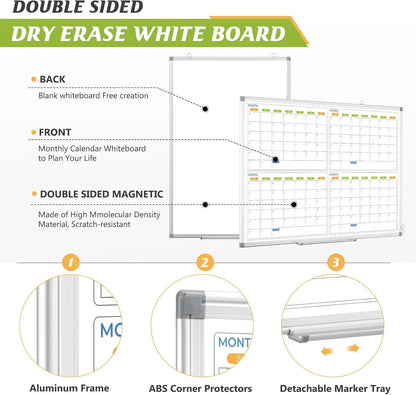 Dry Erase Calendar Whiteboard for Wall, 36" x 24" Magnetic Planner, Silver Aluminum Frame 4 Month Board for Office Home and School