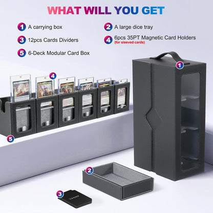 Commander Deck Box for MTG, 6-Deck Modular Card Case with Dice Tray Holds 600+ Double-sleeved Cards, Removable Trading Cards Storage Box with 35PT Magnetic Card Holders for TCG, Black Grey