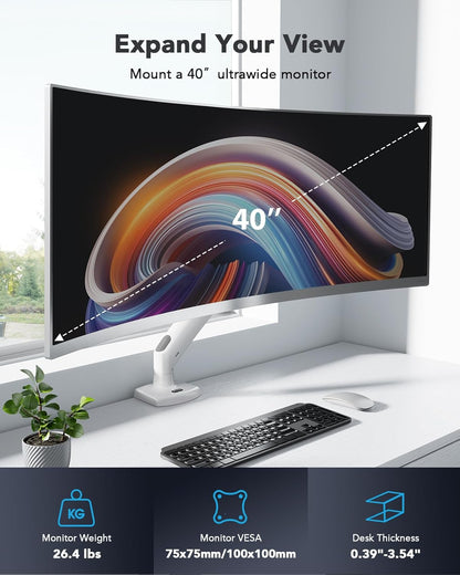 HUANUO Single Monitor Arm for 40 inch Screens, Ultrawide Computer Monitor Mount Holds 26.48 lbs, Upgraded Adjustable Stand with USB, C-Clamp & Grommet Base, VESA 75x75 or 100x100mm