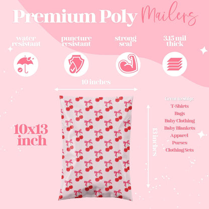 10x13 Designer Poly Mailer 100 Pack Heavy Duty Waterproof Self Seal Shipping Bags for Small Business Large Mailing Envelopes Bulk Tear Resistant Packaging Pink Stripe Cherry Fruit