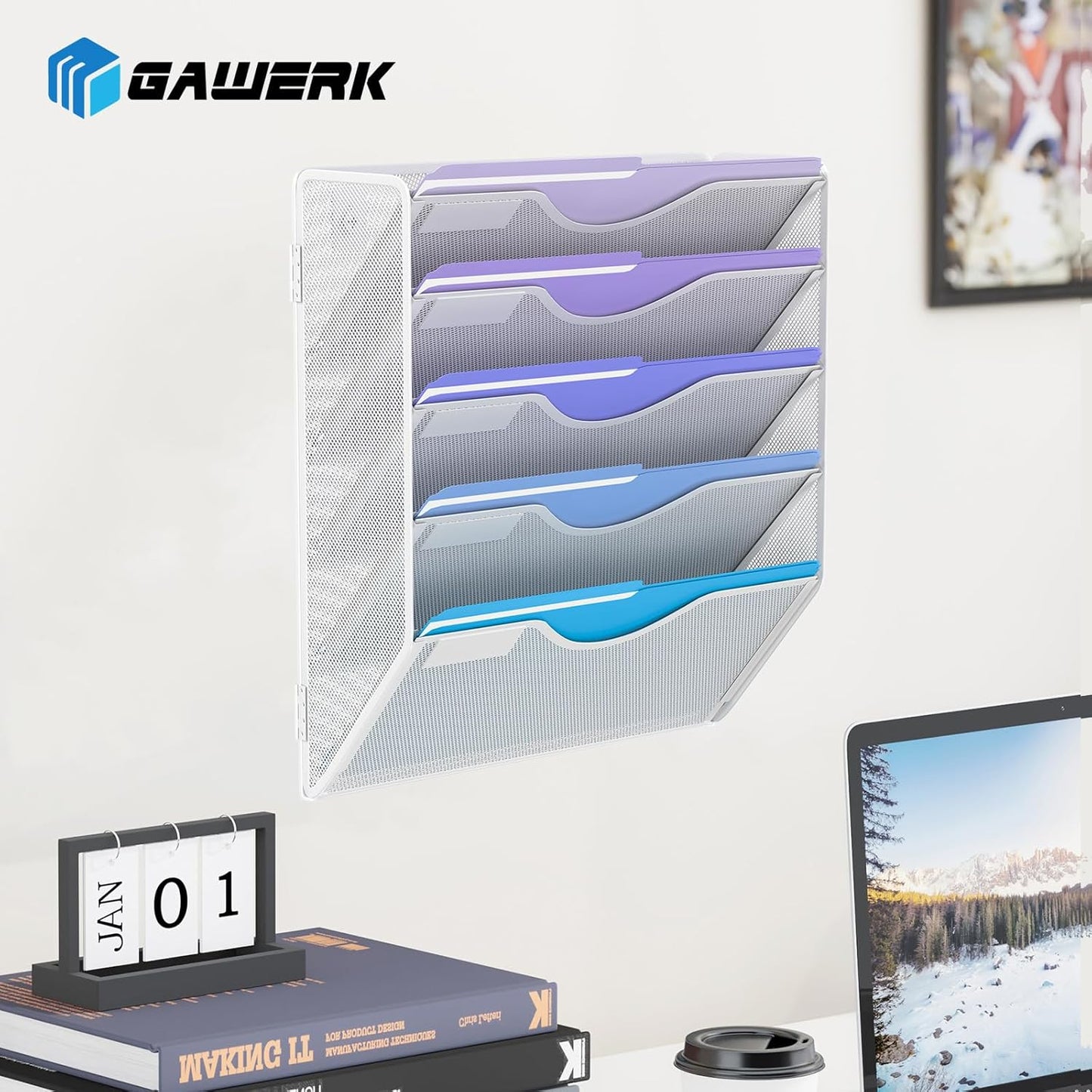 5 Tier Hanging Wall File Organizer, Mesh Mail Paper Orgnization Hanging File Folder Holder for Home Office, White