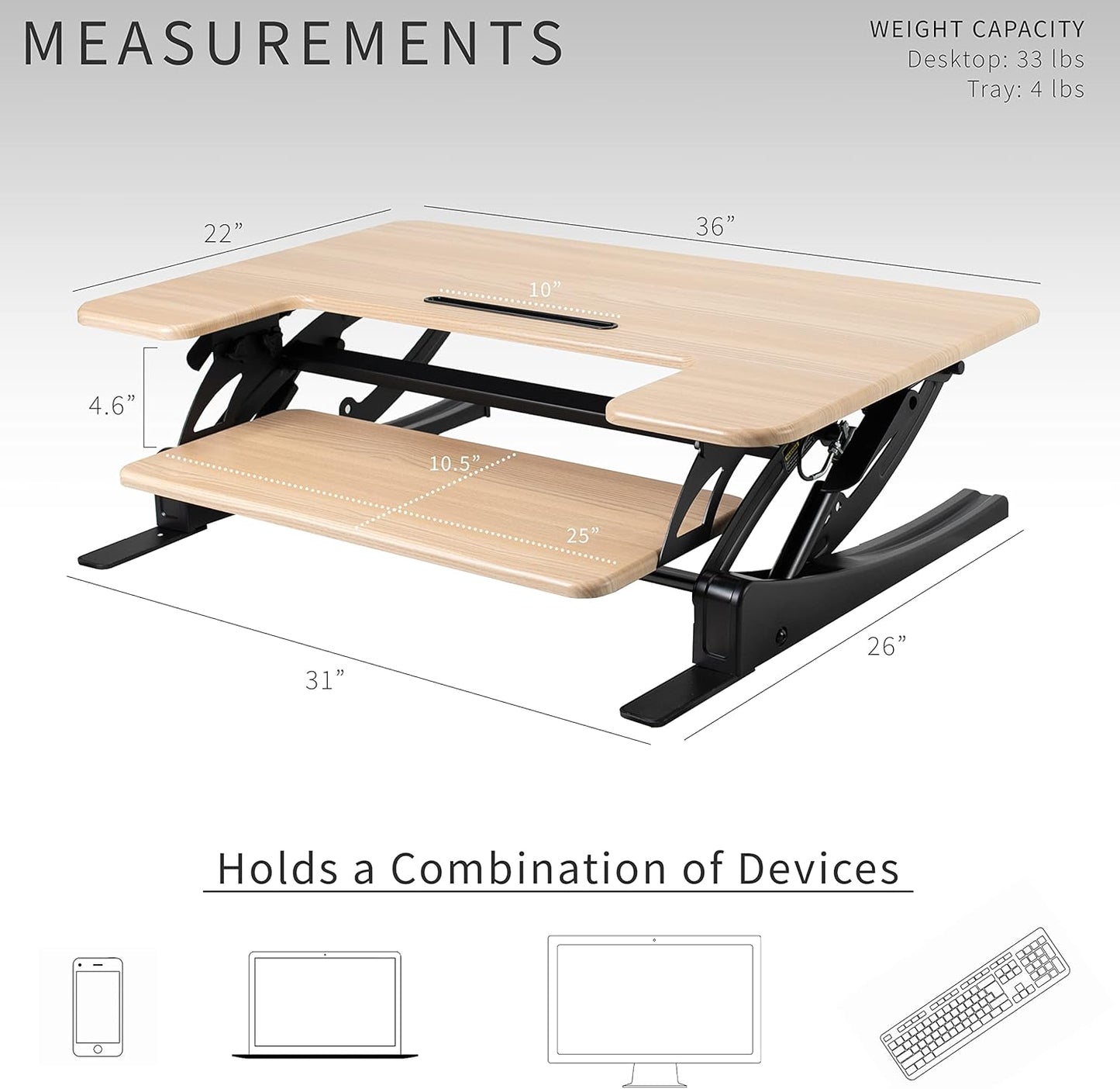 VIVO 36 inch Height Adjustable Stand Up Desk Converter, V Series, Quick Sit to Stand Tabletop Dual Monitor Riser Workstation, Light Wood Top, Black Frame, DESK-V000VO