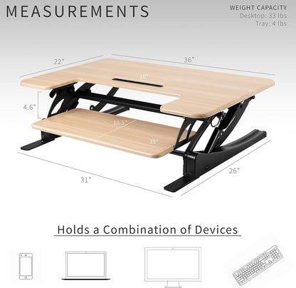 VIVO 36 inch Height Adjustable Stand Up Desk Converter, V Series, Quick Sit to Stand Tabletop Dual Monitor Riser Workstation, Light Wood Top, Black Frame, DESK-V000VO