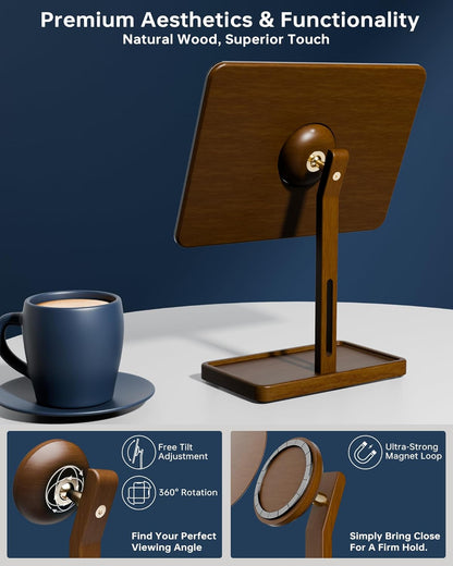 YEOUX Premium Desktop Glass Whiteboard & Magnetic Phone Stand 2-in-1 | 360° Adjustable | Solid Wood | MagSafe Compatible, Small Dry Erase Board for Office Home Desk