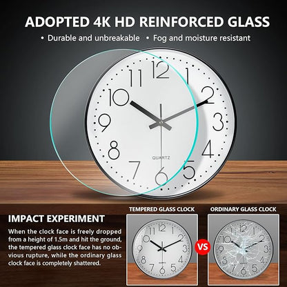 Wall Clock, Silent Wall Clocks Battery Operated 10 Inch Modern Non Ticking Analog Clock with Large Numerals Tempered Glass Clocks for Bedroom, Living Room, Kitchen, Office Decor, White Black