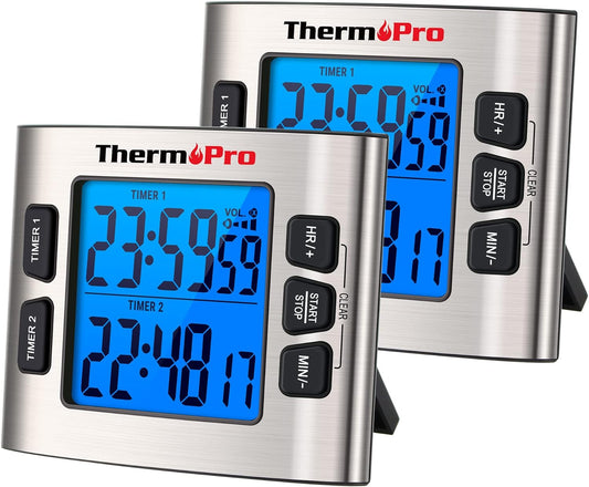 ThermoPro TM02 Digital Kitchen Timer - Dual Countdown Function with Magnetic Backing, Adjustable Alarm & Backlit LCD Display, Ideal for Cooking, Baking and as 24-Hour Shower Clock for Kids