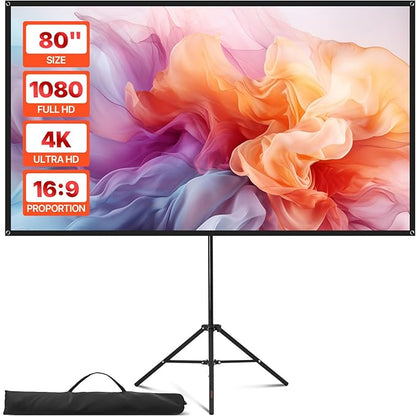 VEVOR Projector Screen with Stand, 80 Inch 160° Wide Angle Indoor Outdoor Projection Screen, 16:9 4K HD Wrinkleless Portable Tripod Screens with Carry Bag, for Movie Home Theater Office Presentation