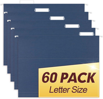 HERKKA Hanging File Folders, 60 Pack Reinforced Letter Size Hanging Folders, Designed for Bulky Files, Filing Cabinet, 1/5-Cut Adjustable Tabs (Blue)