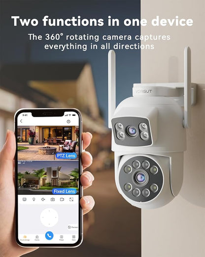 Security Camera System Wireless Outdoor with 12" Monitor, 4pcs 2K Dual Lens Cameras for Home & Business Surveillance, 360° PTZ, 2.4G/5G WiFi, Human Detection, Auto Tracking, 16CH NVR, 500G HDD