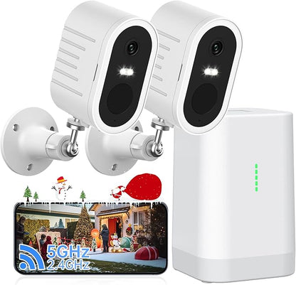 Security Cameras Wireless Outdoor No Subscription,5G/2.4G WiFi 4MP Solar Cameras for Home Security 2Cam-Kit,Supports 128GB Local Storage,PIR Alerts Color Night Vision Home Security Cameras System IP66